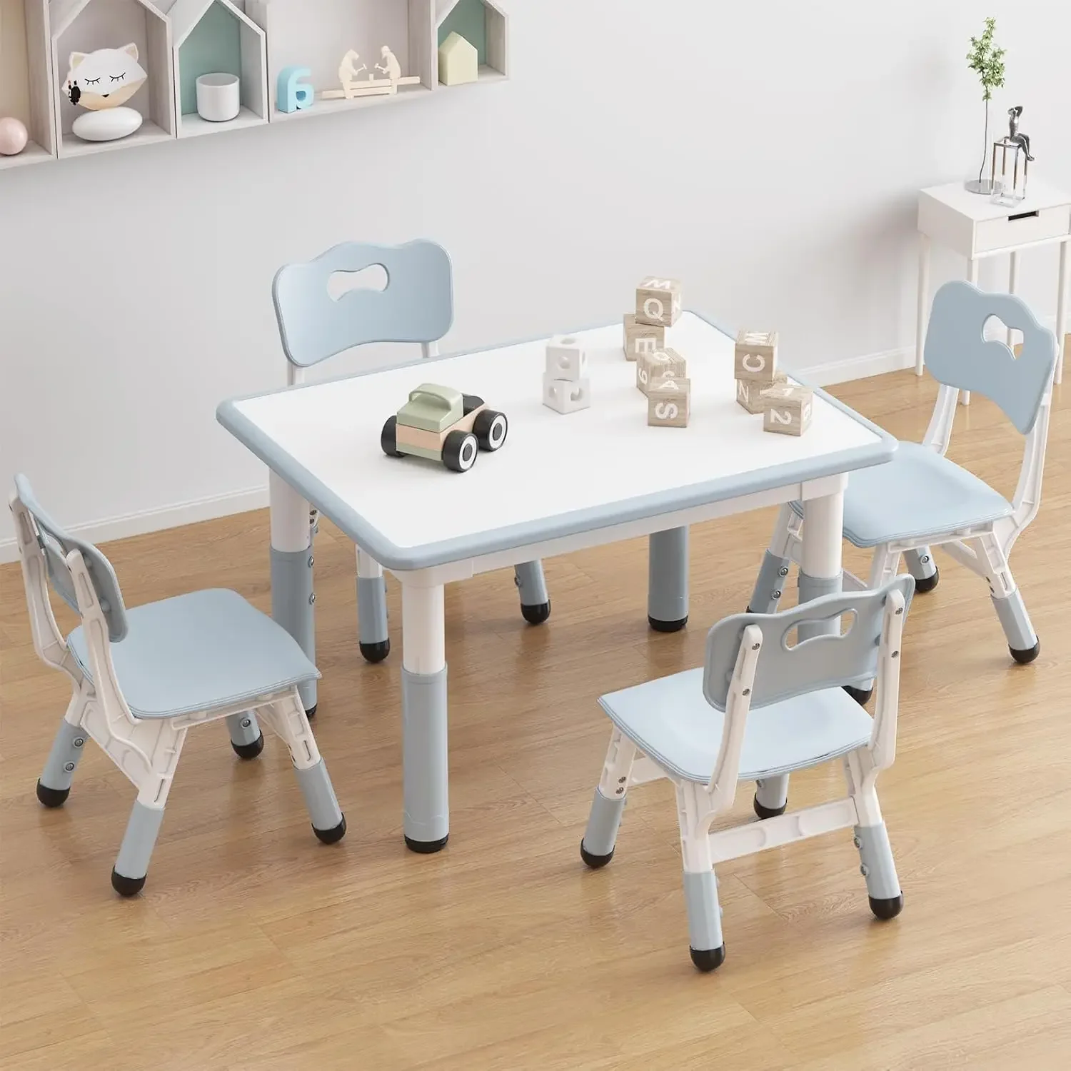 Height Adjustable Toddler Table and 4 Chairs Set for Ages 2-10, Graffiti Desktop, Non-Slip Legs, Arts & Crafts Table, Children A
