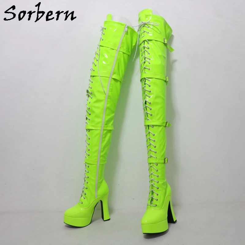 Sorbern Neon Crotch Thigh Boot Unisex Fetish Chunky 12Cm Spool Heel Platform Lace Up Goth Punk Drag Queen Boot Multi Color