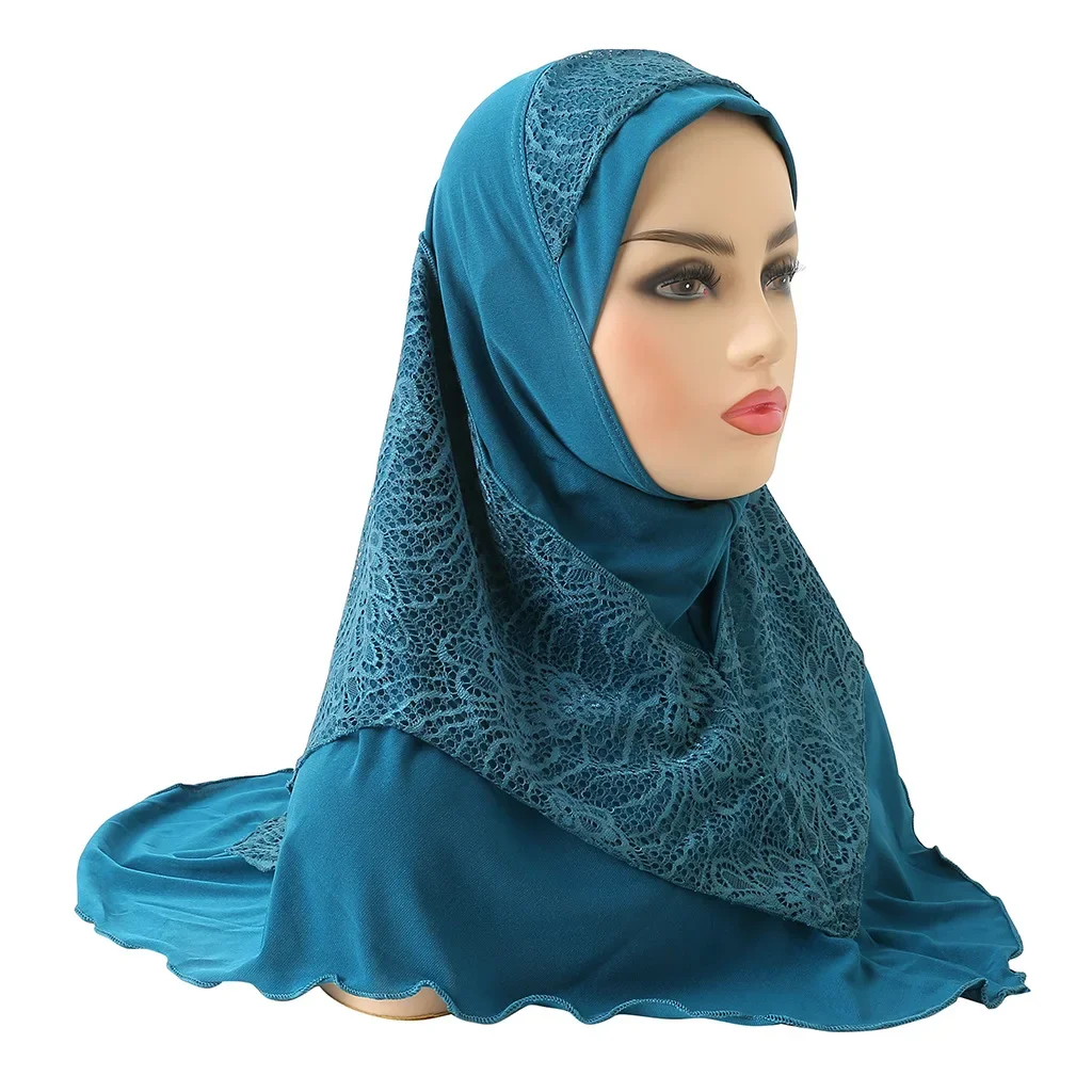 H126 High Quality Medium Size 70*60cm Muslim Amira Hijab with Lace Pull on Islamic Scarf Head Wrap Pray Scarves Women\'s Headwear