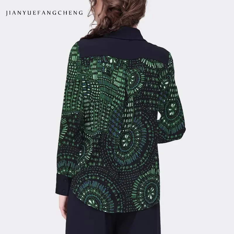 Fashion Silky-like Women' Printed Blouse Long Sleeve Lapel Collar Office Ladies Tops Fall Winter Casual Retro Shirts