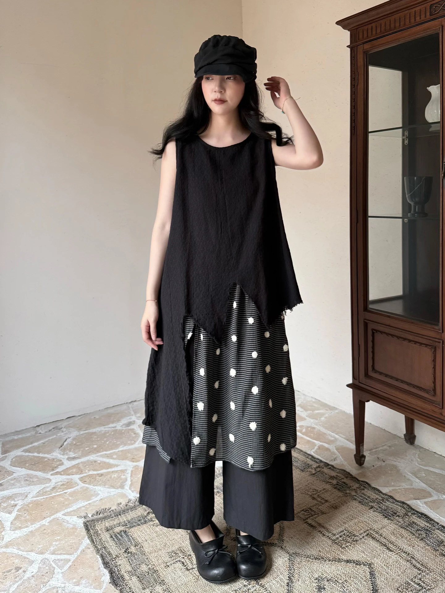 Handmade Irregular Hem Linen Vest Sleeveless Women's Top H-Shape Loose Fit round Neck Mid-Length Cotton Linen Blend Vest