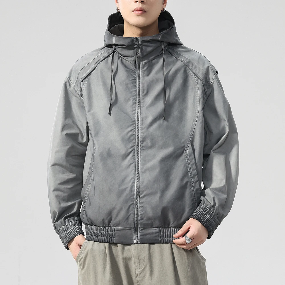 New Men Streetwear Fashion Loose Casual Outdoor Cargo Jacket Coat Cityboy Outerwear Autumn Gradient Gray Hooded Jacket