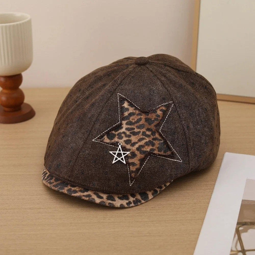 Unisex-Beret mit Stern- und Leopardenmuster, verstellbare Retro-Newsboy-Mütze, Y2K-Baseballkappe mit Polka-Dot-Muster, weiche Baseballmütze für die Arbeit – Detail 5