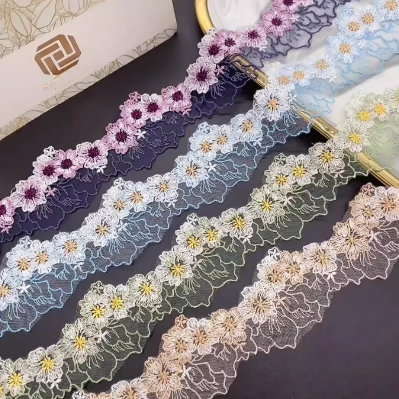 5.5cm Wide Luxury Cotton Embroidery Flower Lace Fabric Clothing DIY Decoration Ruffle Edge Inlaid Ribbon Collar Decoration 1Yard