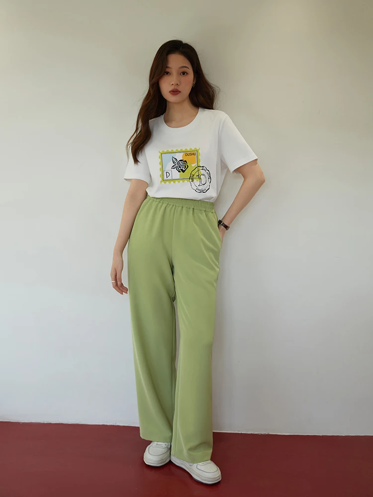 DUSHU 100% Cotton Original Printing Simple White Short-Sleeved T-Shirt For Women Spring Summer New White Casual Top For Women