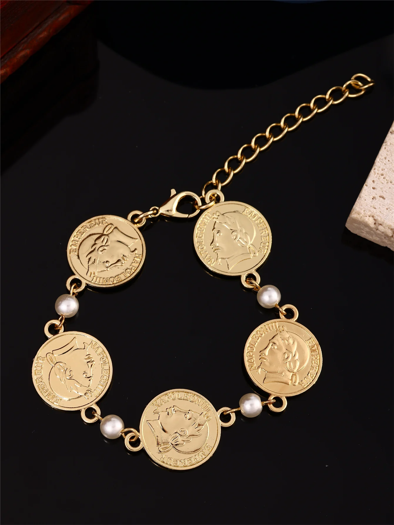 Stylish Women's Bracelet - Napoleon Coin Motif with Faux Pearls, Daily Jewelry