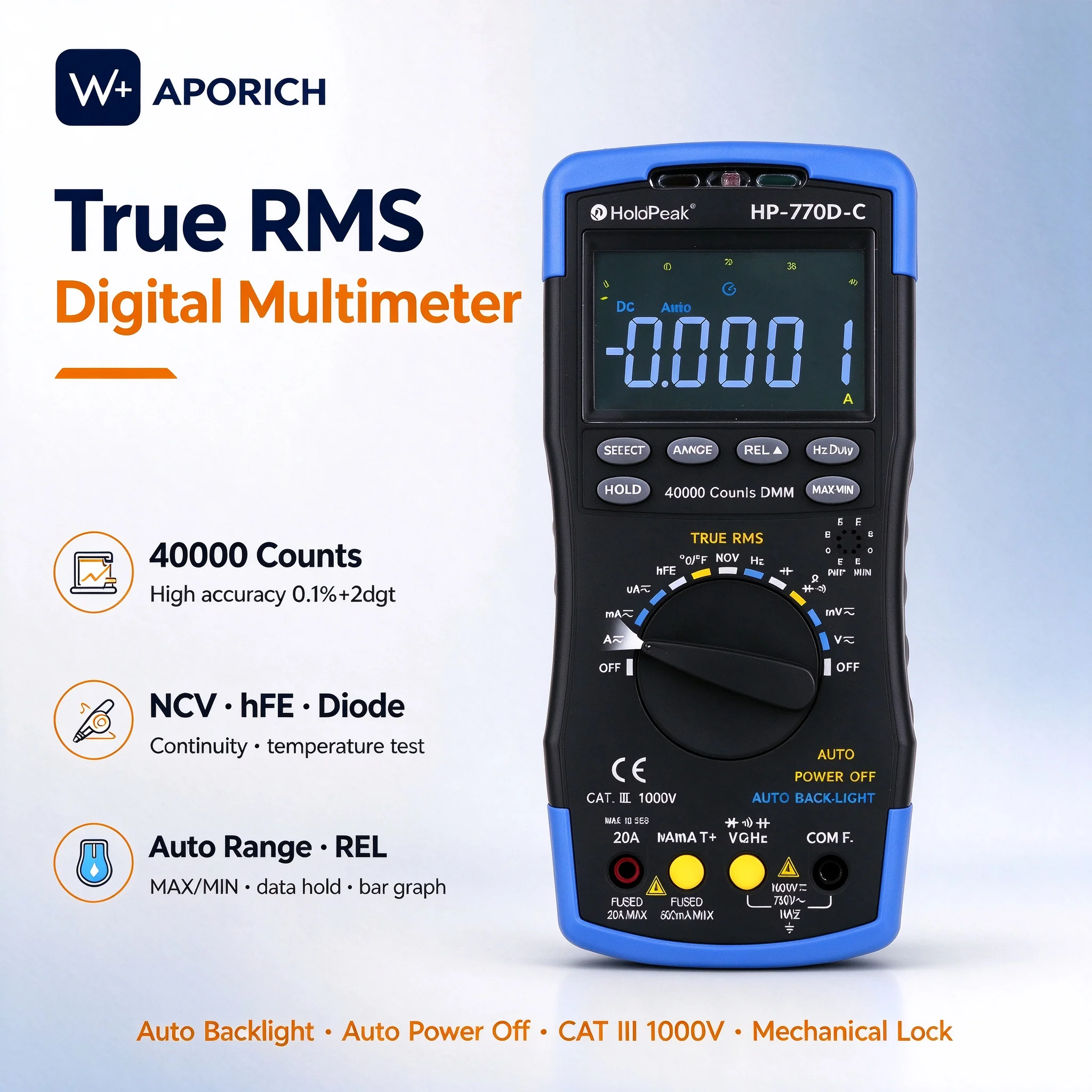 Multimeter True RMS Auto Range for AC/DC Voltage, Ohm, Amp & Capacitor (40,000 Counts) -LCD Digital Multimeter