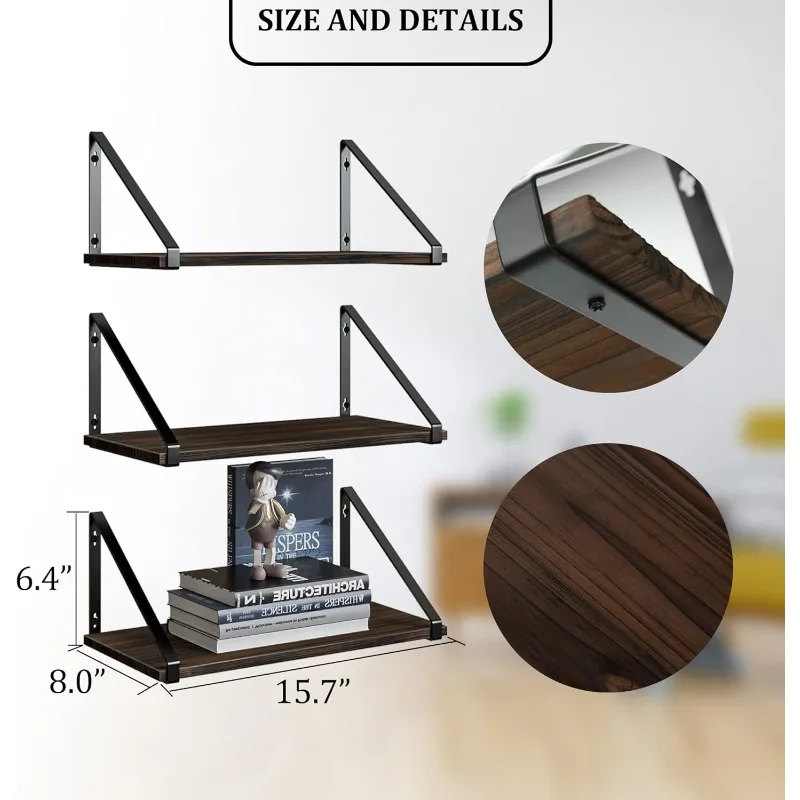 

Floating Shelves Rustic Wood Wall Shelf, Small Bookshelf For Living Room, Office, Bedroom, With Metal Bracket