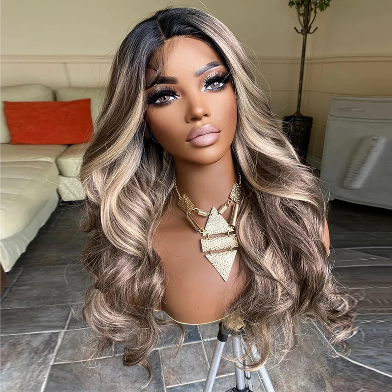 Balayage Human Synthetic Wig Brown Lace Front Wig with Honey Blonde Highlights 26