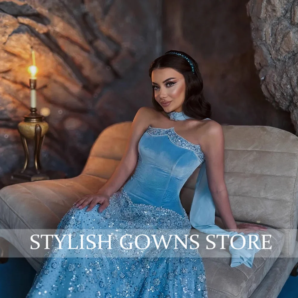 Luxury Arabic Blue Beaded A-Line Evening Dress Elegant Women Formal Gown Customized فساتين سهرة Prom Gown Vestidos