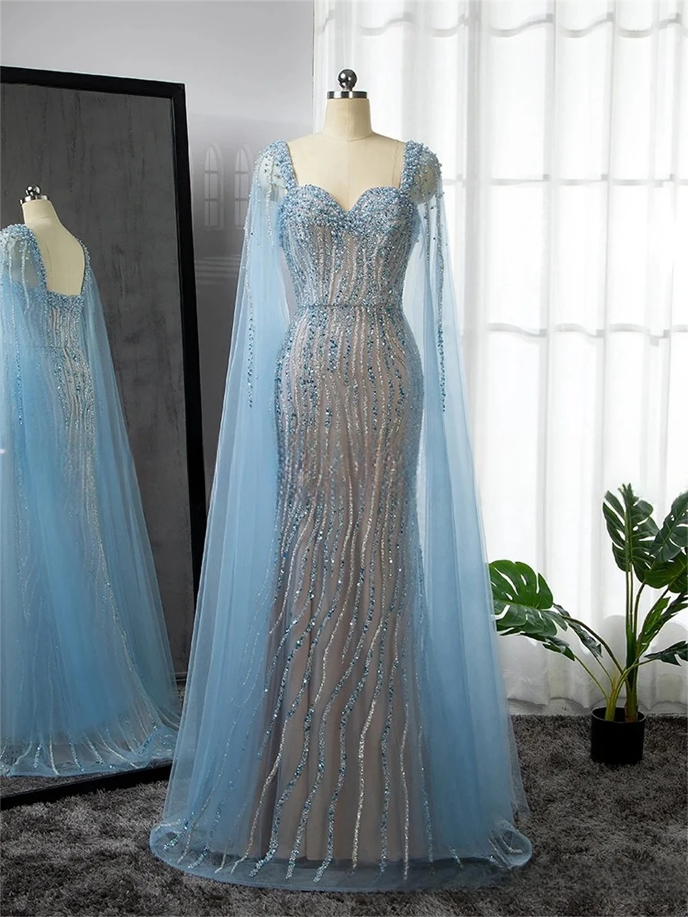 Tulle Cape Rhinestones Party Dresses Live Shot Beaded Prom Dresses For Women Sweetheart Cape Sleeves Arabic Luxury Formal Gown