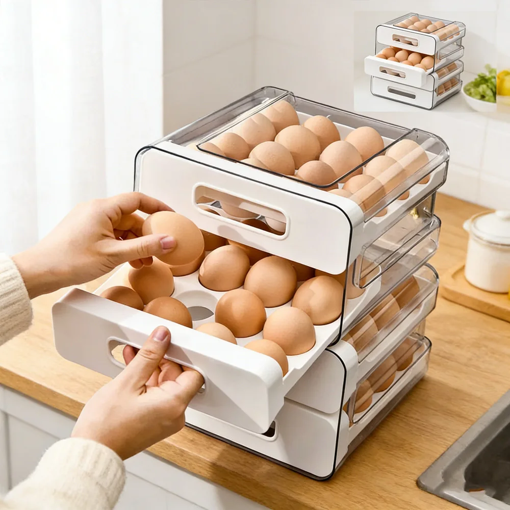 1 Stück Küchen-Eier-Aufbewahrungsbox Kühlschrank Frischhaltebox aus Kunststoff 2-lagig Schubladentyp Große Kapazität Aufbewahrung Küchen-Organizer Regal