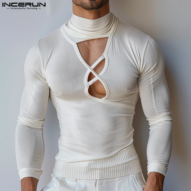 2024 INCERUN Men Well Fitting Tops Casual Solid Long Sleeve T-shirts Elegant Hollow Out Sexy Tees Streetwear Male Vintage Tops