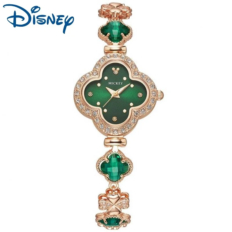 Disney For Women Watch Mickey Mouse Quartz Wristwatch Four Leaf Clover Bling Crystal Girl Lady Lovely Bracelet Relogio Feminino