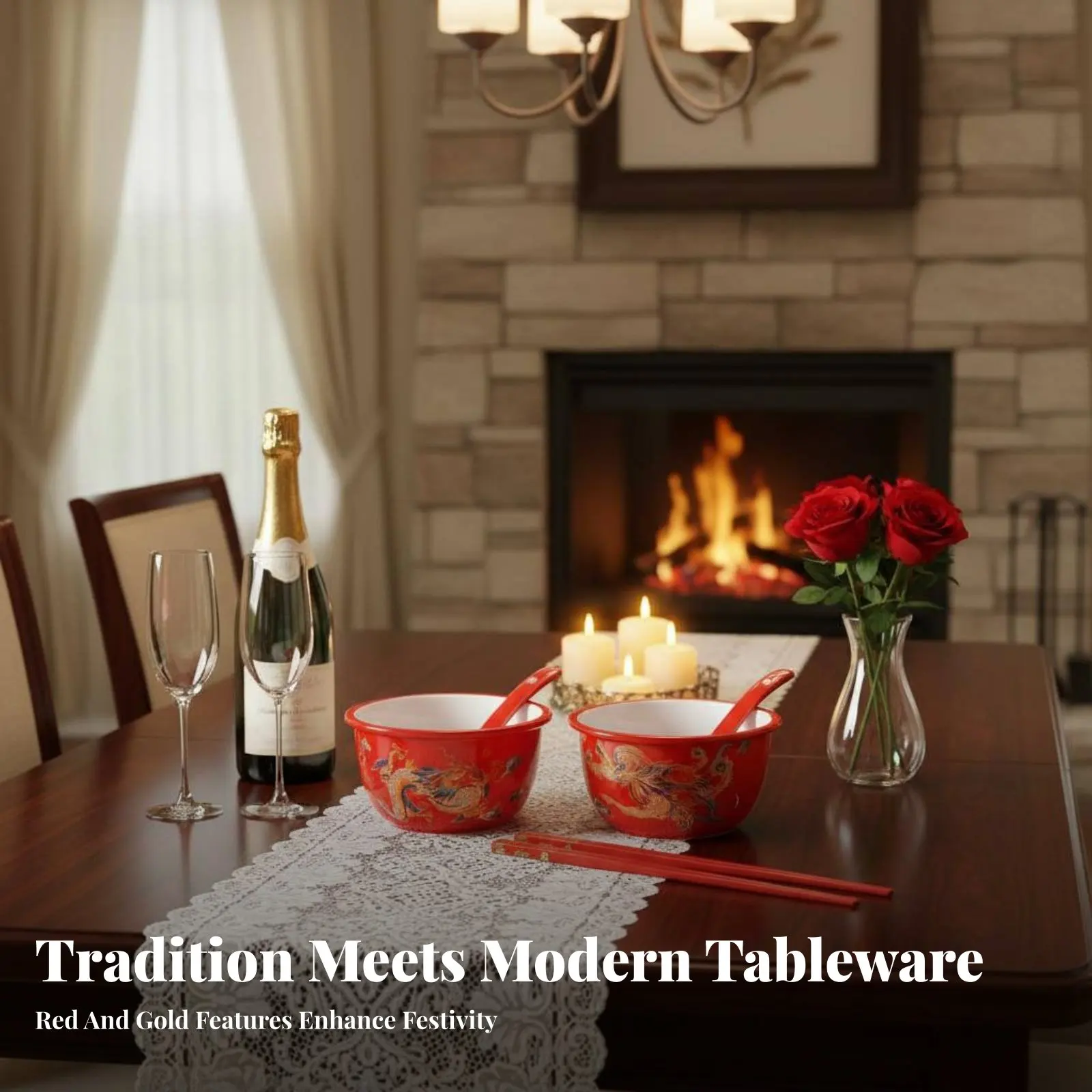 Juego de Vajilla de Cerámica Roja Xi, Caja de Regalo para Boda, Diseño Chino Creativo, Palillos y Cuchara, Regalos de Boda