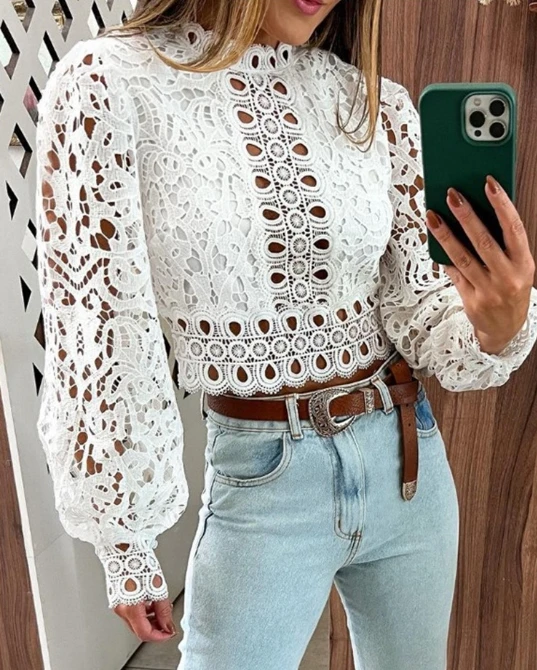 

Lantern Sleeves Short Fit Sexy Fashion Perspective Lace Shirt Monochrome 2023 New Hot Selling Fashion Women's Wear