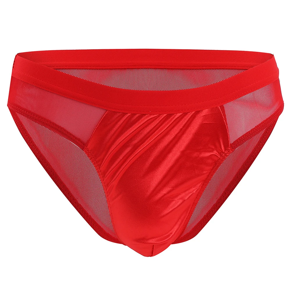 Sexy Men Briefs Satin Oli Shiny Thong Ultra-thin Mesh Perspective Panties Low Waist Breathable Bikini Underpants Sissy Lingerie