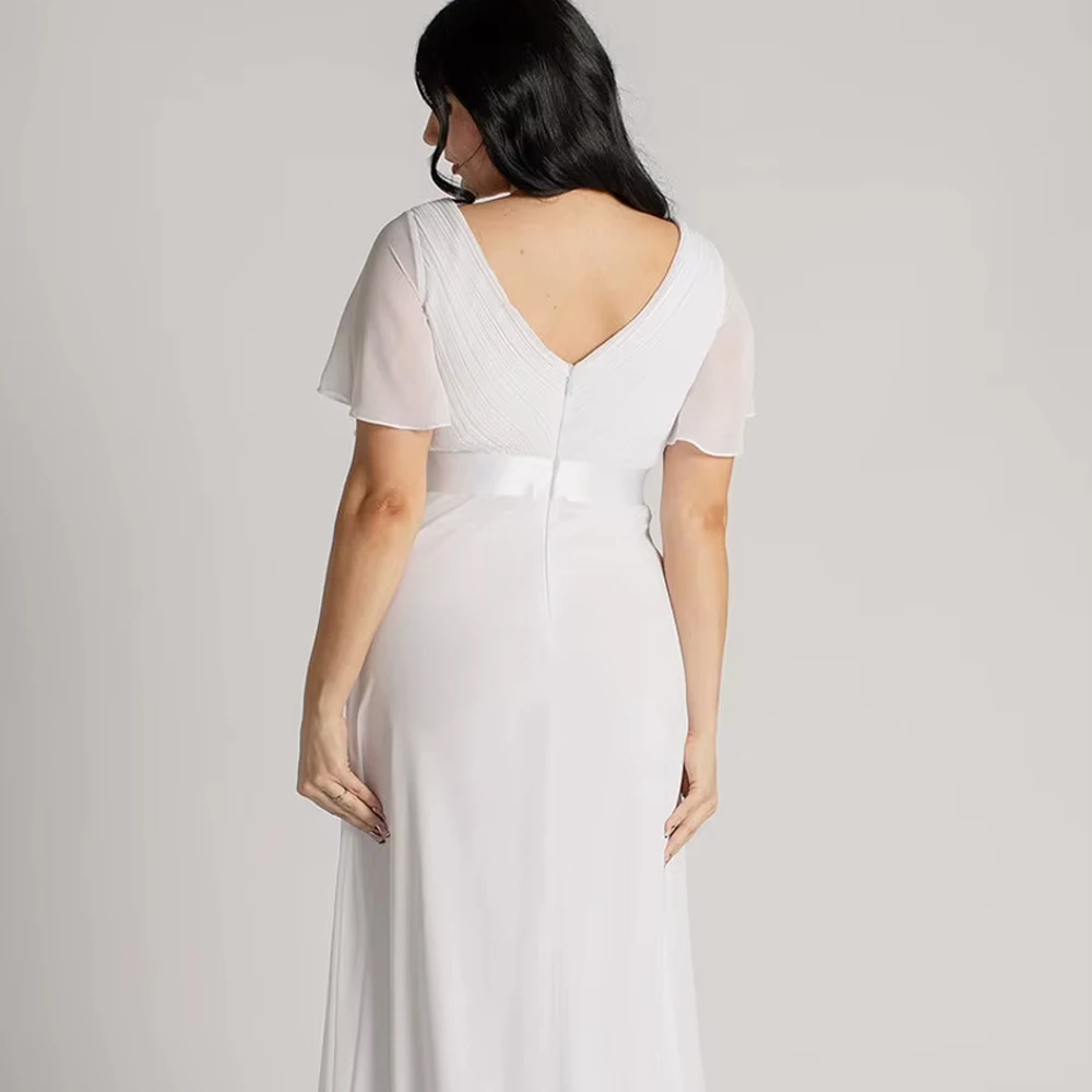 Customized Short-sleeved Chiffon Wedding Dress For Woman Bride  With Satin Belt Fully Lined Back Zipper Closure Bridal Gown