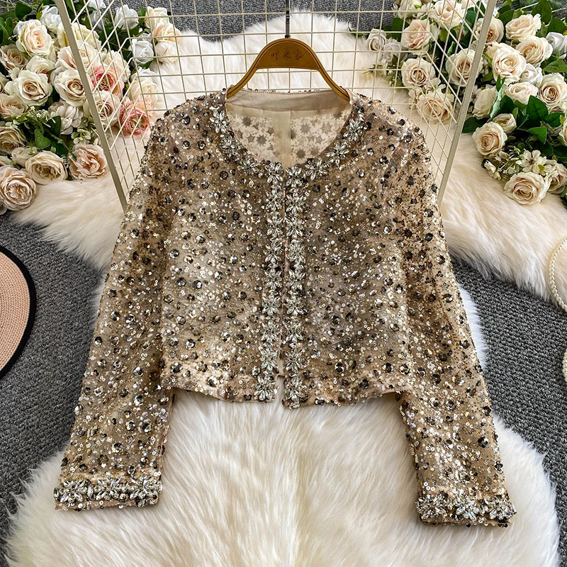 High end luxury heavy industry diamond studded sequin round neck jacket women slim and beautiful super fairy chiffon top