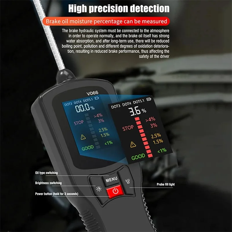 

Brake Fluid Tester for DOT3 DOT4 DOT5.1 Digital Car Oil Moisture Diagnostic Meter High Accuracy Universal Auto Maintenance Tool