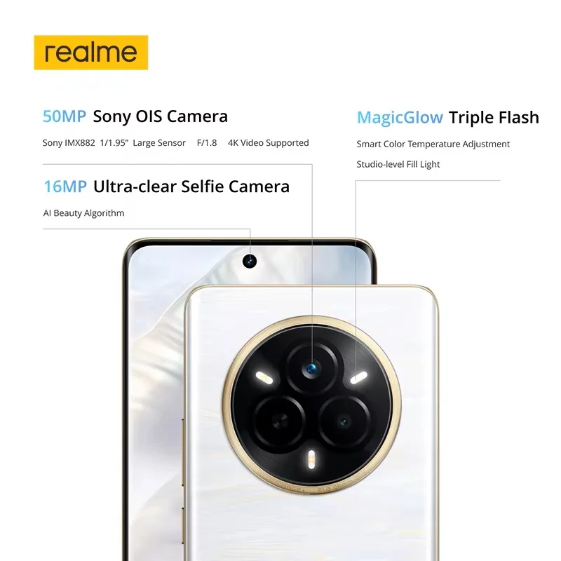 Realme-Smartphone Realme 14 Pro 5G, batterie 6000mAh, appareil photo Sony OIS 50MP, écran incurvé OLED 6.77 "120Hz, jeu de puces 7300, première mondiale