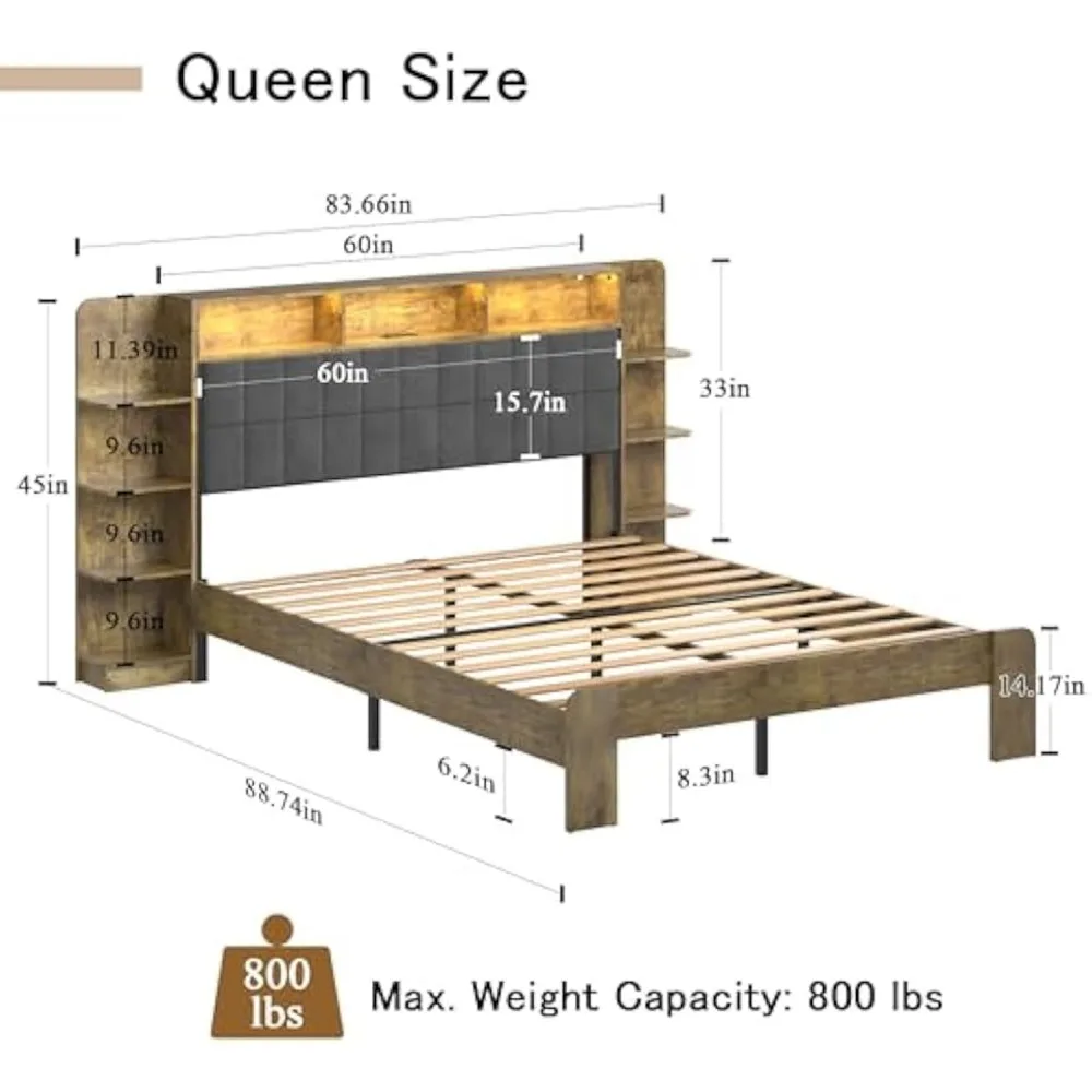 Queensize bedframe met opbergruimte, LED-platformbed Queensize met laadstation, donkergrijs linnen hoofdeinde met boekenkastplanken