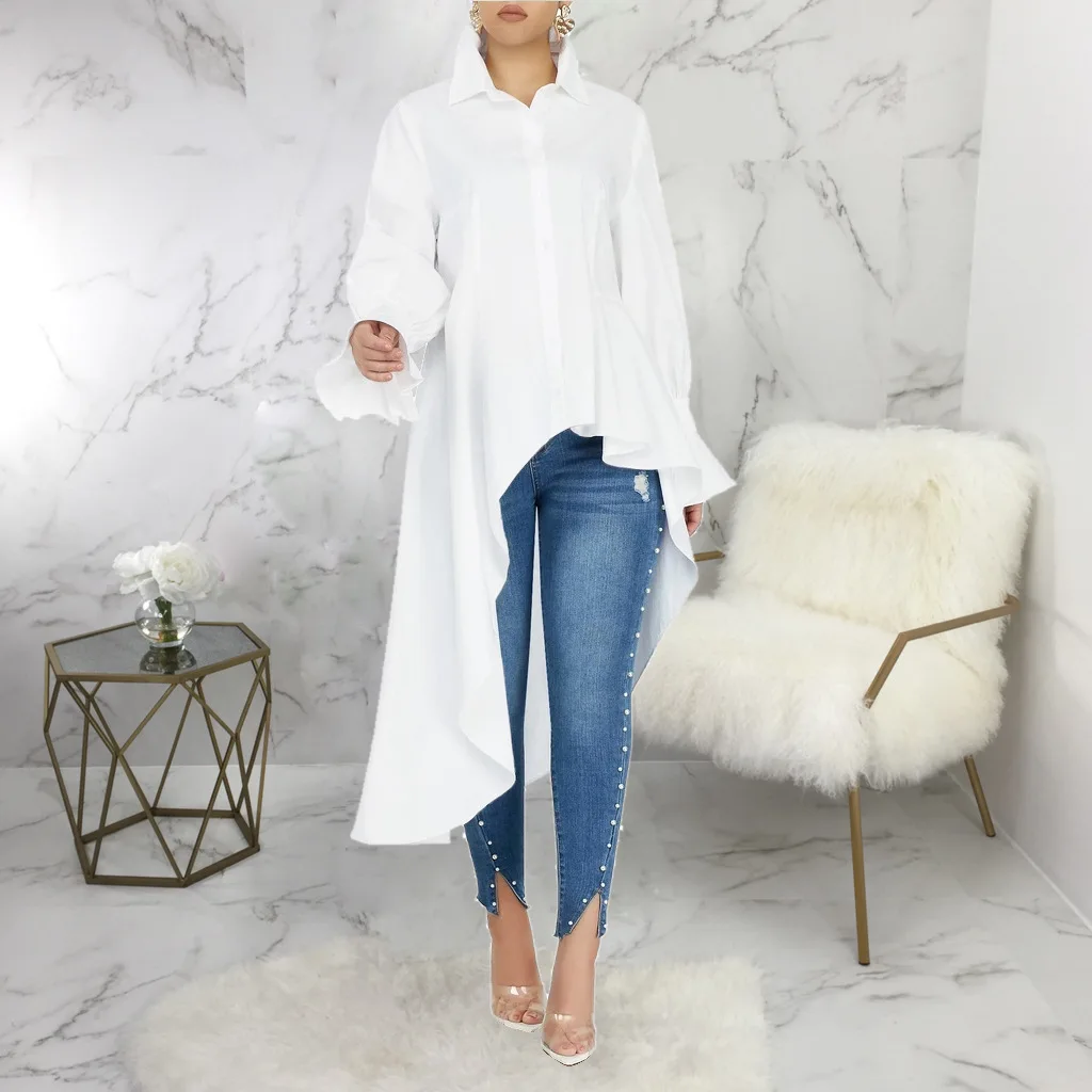 Chic Large Size Asymmetrical Line A Blouse Trend Shirts Women Hem Shirt Leisure Long Sleeves Button Tops Lapale Neck White Dress