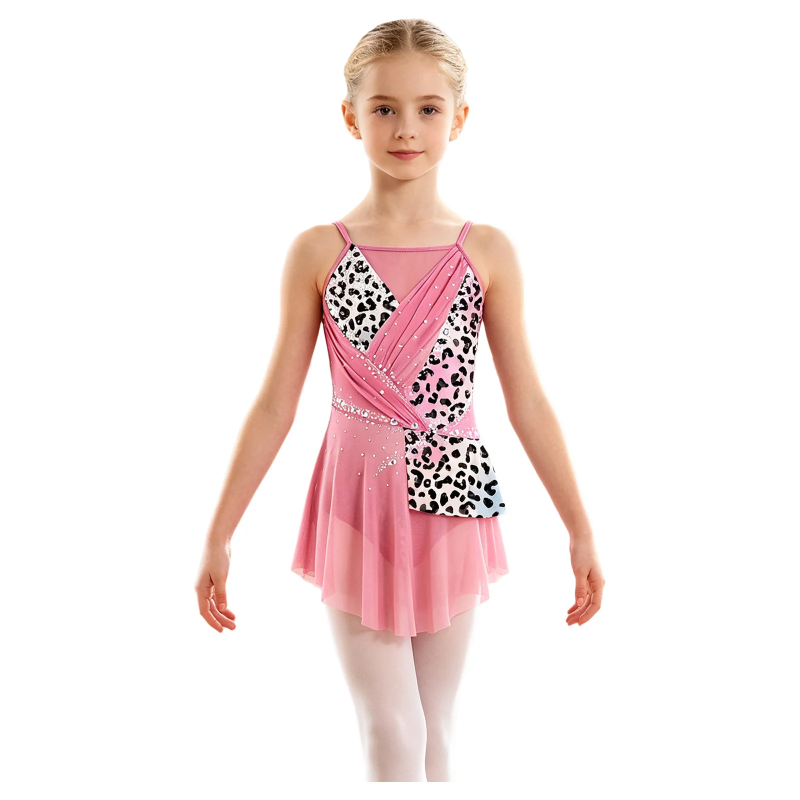 Kids Girls Ballet Leotards Lyrical Dance Costume Leopard Print Rhinestone Gymnastics Artistic Figure Skating Dress Dancewear