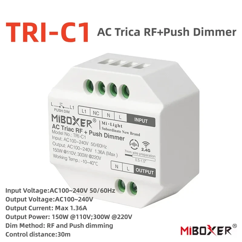 MiBoxer TRI-C1/ TRI-C1WR/ TRI-C1ZR AC Triac Dimmer RF Push Dimmer 110-240V App /Voice /Remote Control for LED Bulb Lights - view 3