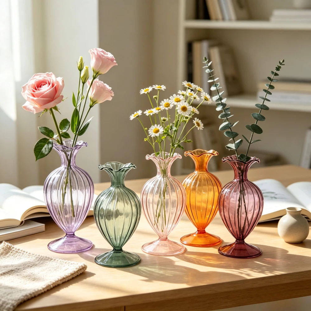 Nordic Style Striped Transparent Glass Vase Elegant Ruffled Tabletop Flower Arrangement Vase Ornament Living Room Office Decor