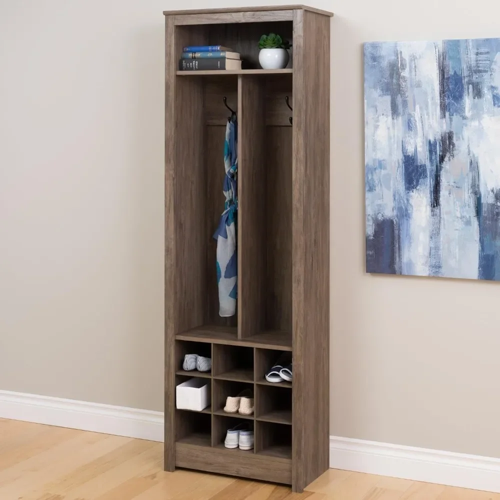 Space-Saving Entryway Organizer, with Shoe Storage, 2 Strong Double Coat Hooks 1 Open Upper Shelf Drifted Gray