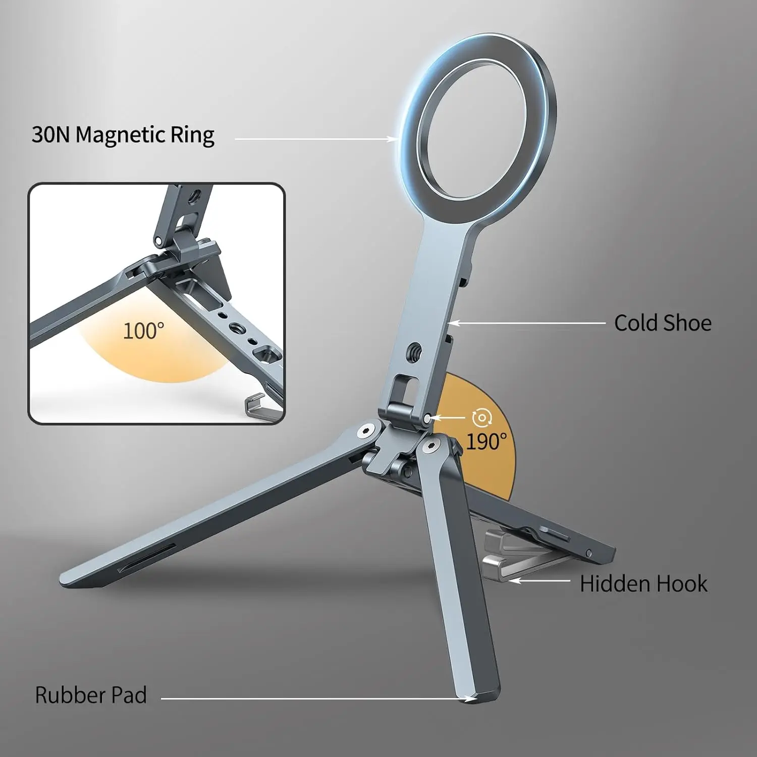 

CAMOLO MG-07 Magnetic Tripod Mount With Hidden Hook for iPhone 17/16/15/14/13/12 Foldable Pocket Cell Phone Stand W/ Arca-swiss
