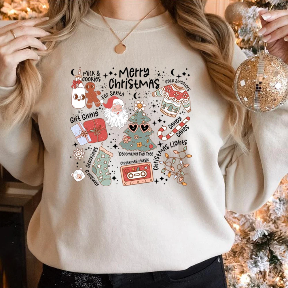 Retro Christmas Sweatshirt Aesthetic Santa Claus Shirt Christmas Hoodies Christmas Vibes Winter Clothes Milk Cookie for Santa