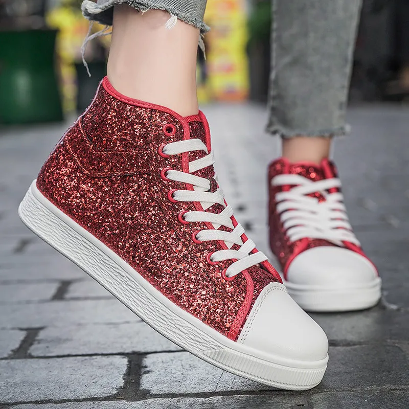 Luxury Red Designer Shoes Women High top Sneakers Lightweight Women\'s Vulcanized Shoes Fashion Glitter Sneakers Woman Size 41