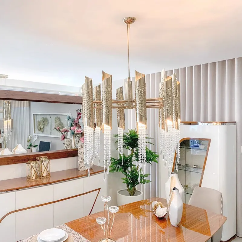 

French Elegant Crystal Pendant Lamp Gold and Silver Accents Dimmable Ceilings Lustre for Hotel Restaurant Living Room