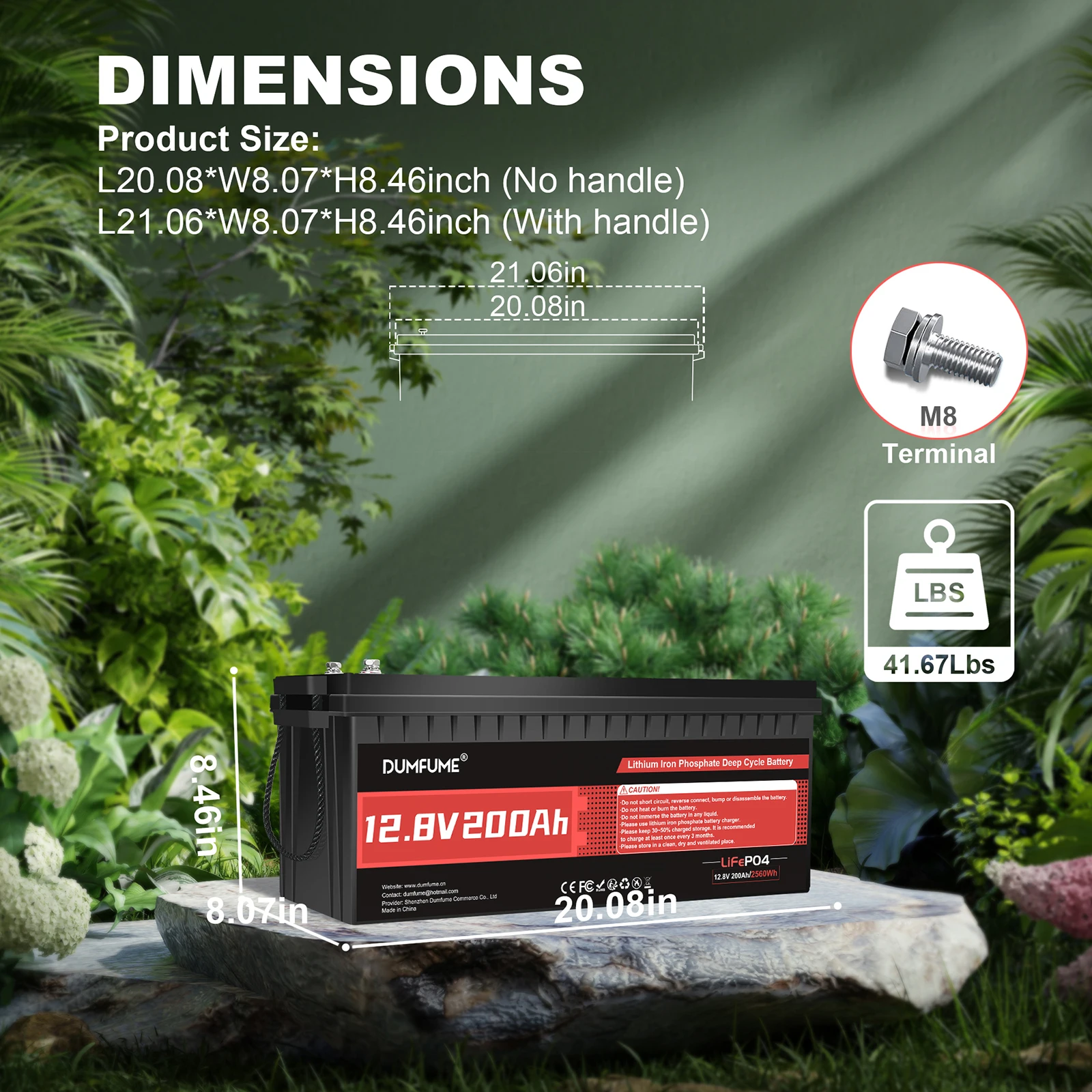 Dumfume 12.8V 200Ah LiFePO4 Lithium Battery 2560Wh Capacity Built-in 200A BMS for Solar Energy Storage Home Backup Off Grid RV