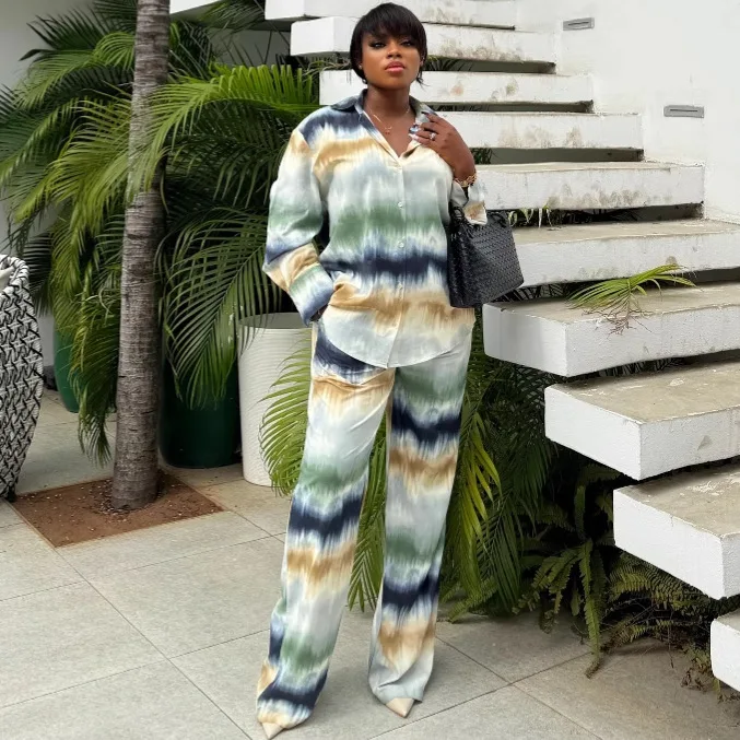 

Женские комплекты брюк из двух предметов, одинаковый комплект с принтом, рубашка с длинными рукавами, эластичная резинка на талии, широкие брюки, свободные повседневные брюки, осень 2023 г.