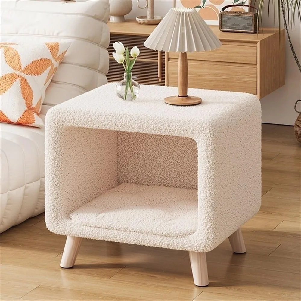 منضدة سرير قطة مدمجة مع حصيرة قابلة للإزالة وتخزين لغرفة المعيشة - لمسة نهائية بيضاء شديدة التحمل #5