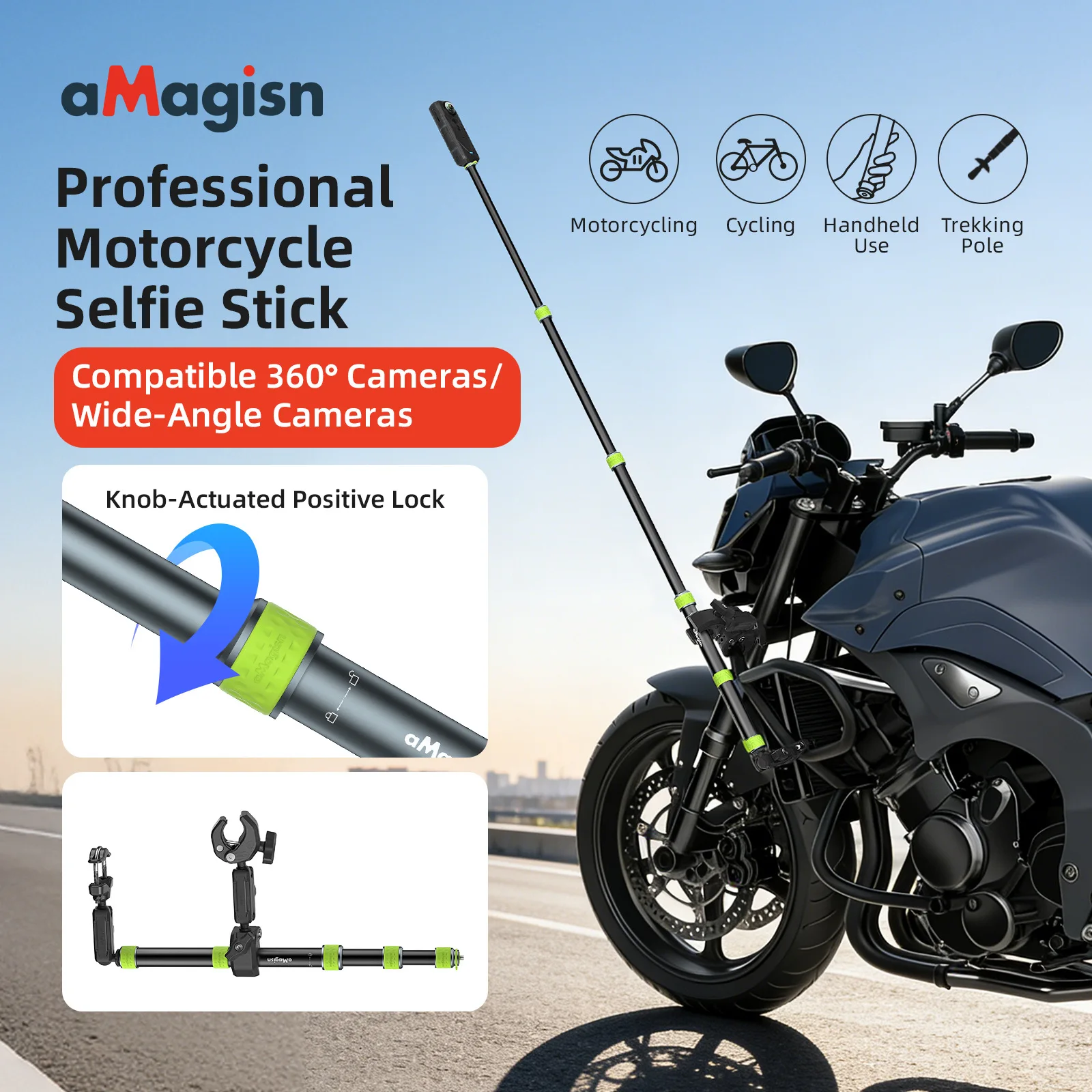 

Штатив-монопод для мотоцикла 110 см для GoPro DJI Insta360, выдвижная алюминиевая штанга для камеры, антивибрационное крепление на руль для видеоблогинга