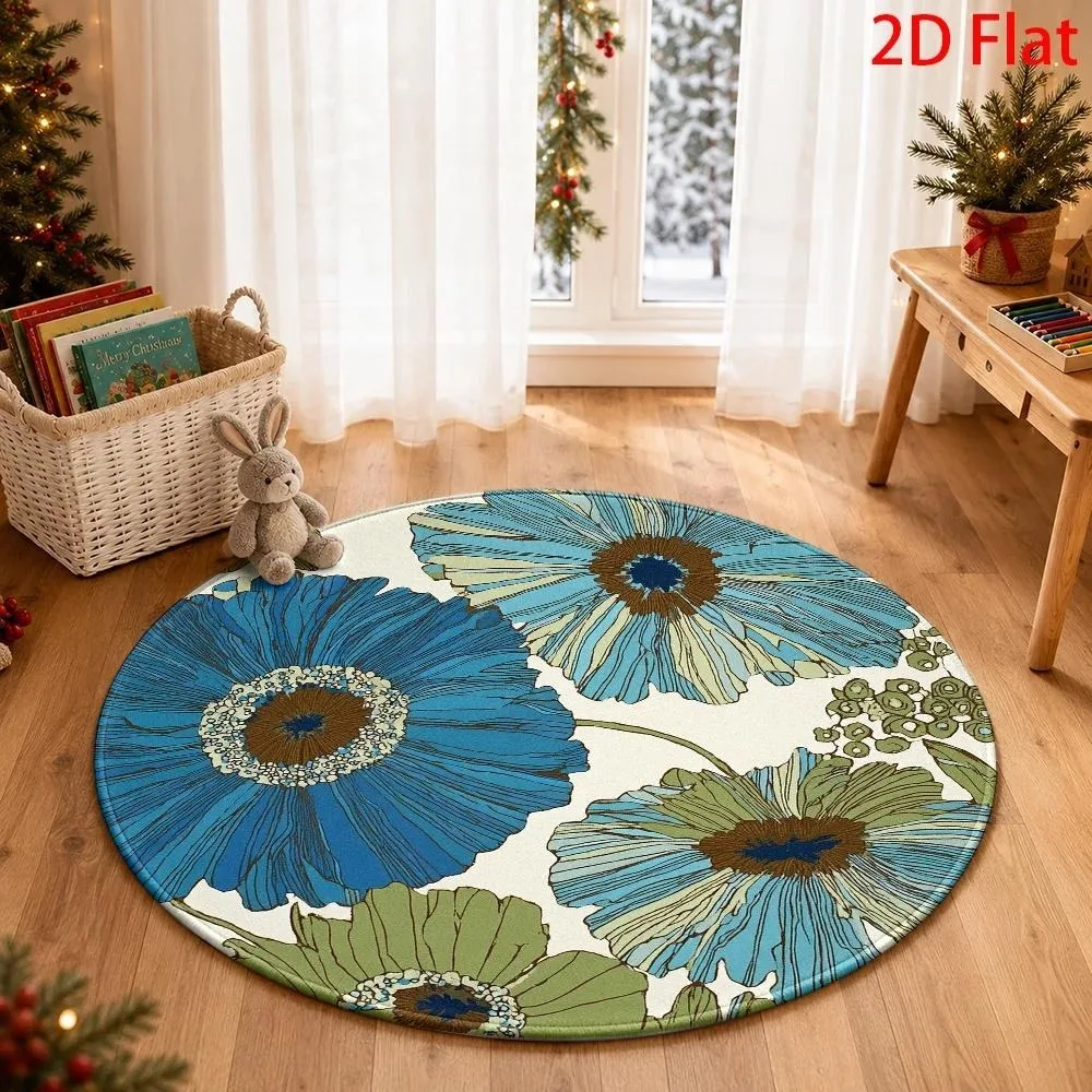 Retro Daisy Flower Round Rug, Blue‑Green Petal Art Printed Circular Floor Mat for Living Room Bedroom Balcony Home Decor