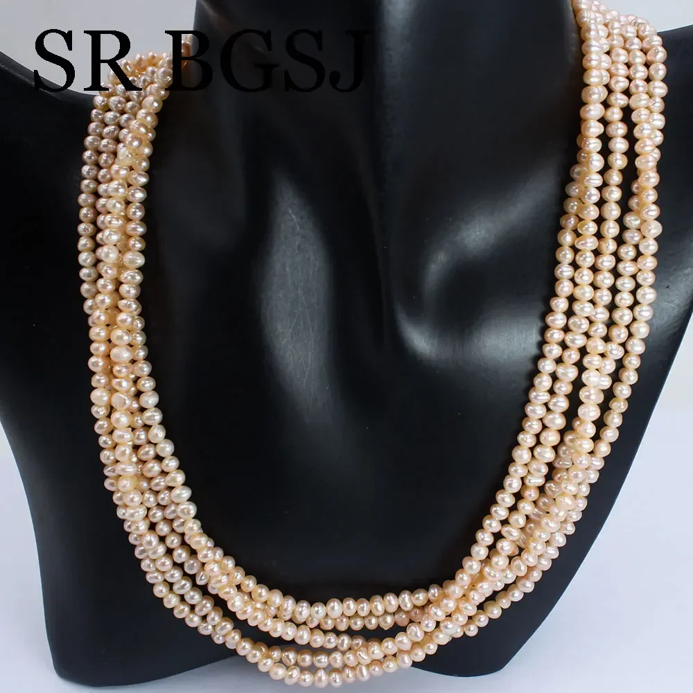 4-5mm 17inch Multi Strand Real Natural Freshwater Pink Pearl Short Chokers Necklace for Women Jewelry Mother's Day Gift