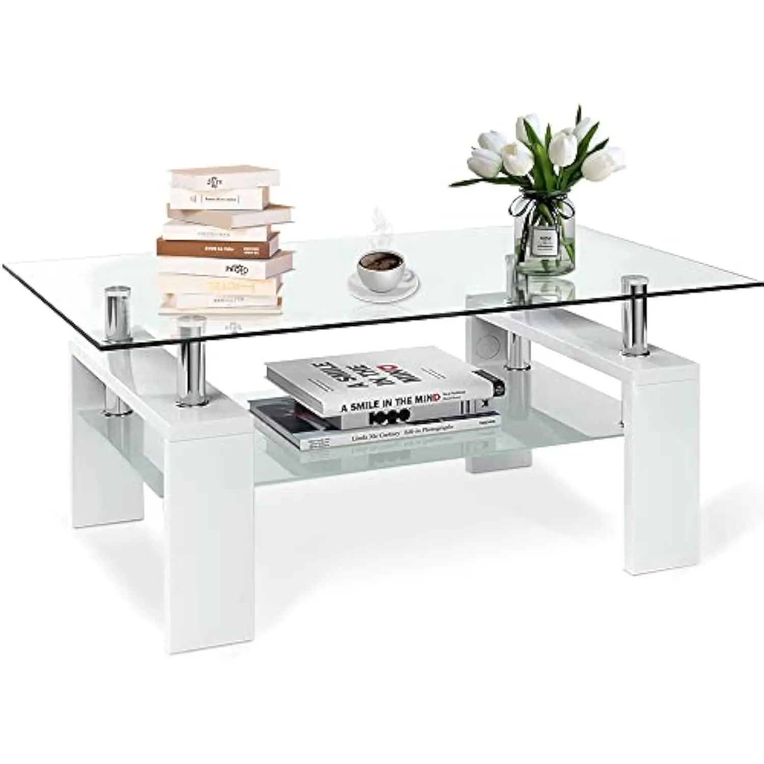 

Coffee Table for Living Room, Rectangle Glass Coffee Table 2-Tier Center Table with Stainless Steel Tube Support & Wooden Legs,