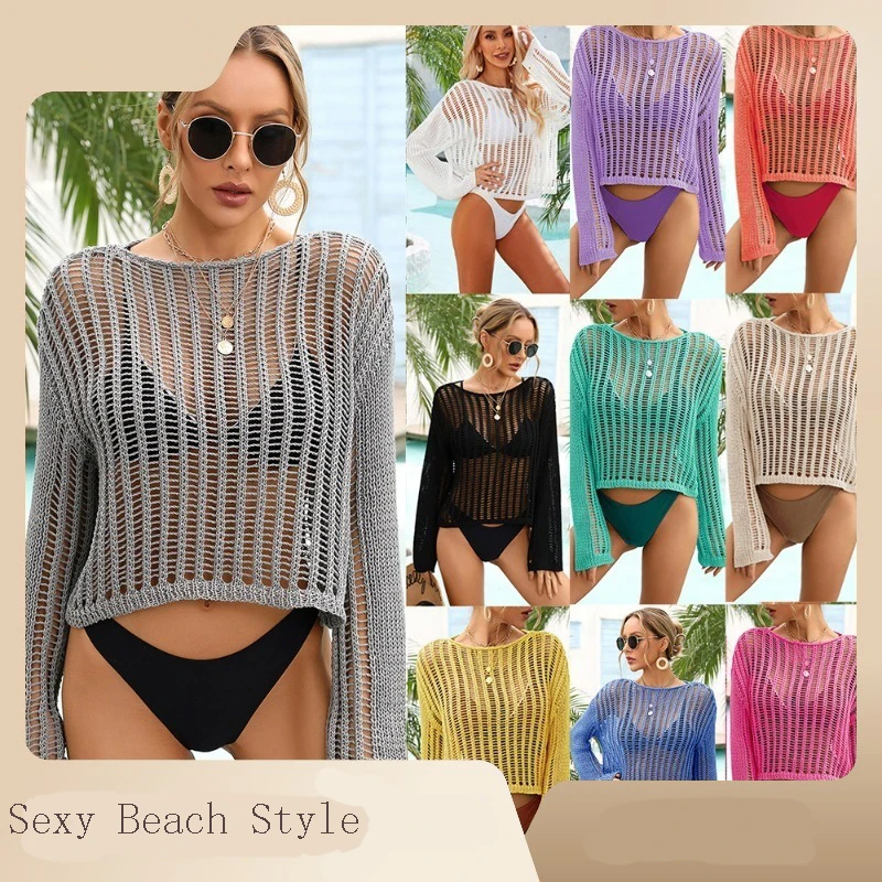 2023 Summer Cross border Hand Hook Hooked Cover Up Beach Hollow Vacation Knitwear Women's Long Sleeve Sunscreen Shirt Kint Tops