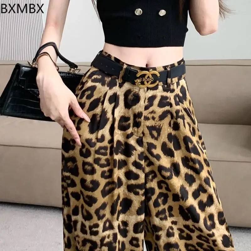

Leopard print wide-leg pants women's summer thin acetic acid satin casual pants loose straight hanging cool and cold silk pants