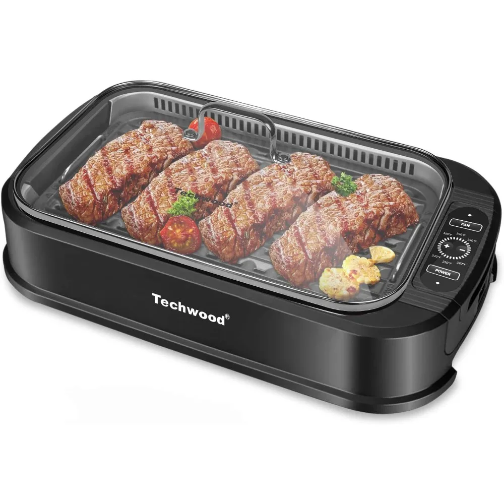 

Indoor Smokeless Grill, 1500W Electric Indoor Grill with Tempered Glass Lid, Portable Non-stick BBQ Korean Grill,