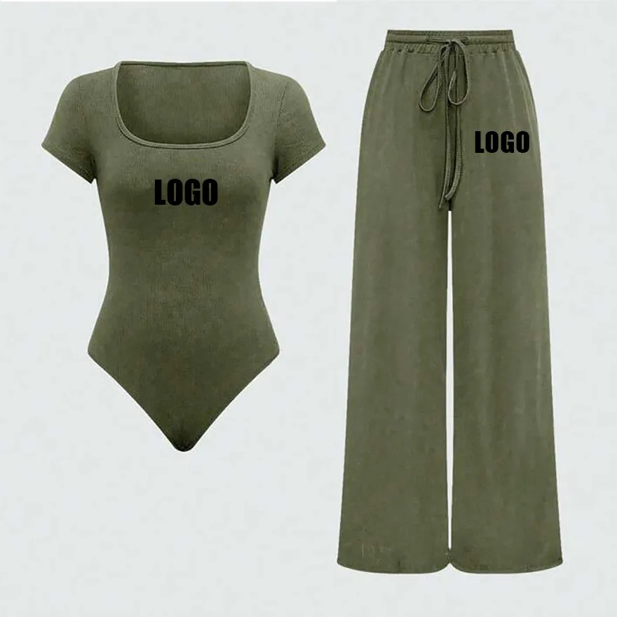 Customized LOGO women's new small pit strip casual onesie wide-leg trousers fashion two-piece set