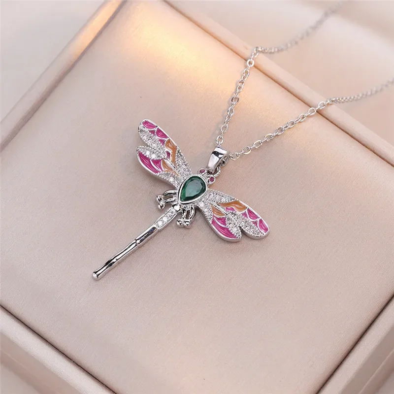 Light Luxury Zircon Colorful Dragonfly Pendant Necklace Stainless Steel Fashion Insect Choker Jewelry Gifts For Women Girls