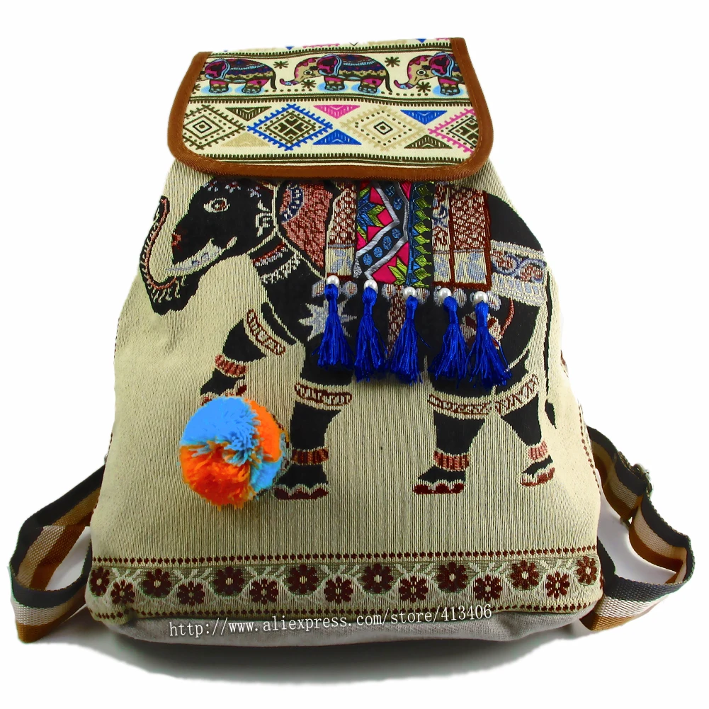 Tribal Vintage Hippie Colorful Travel Backpack Bag For Women Embroidery Pom Charm Hmong Elephant Bohemian Boho Rucksack sys-588