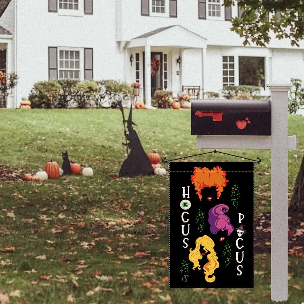 علم حديقة Hocus Pocus للهالوين، صورة ظلية ساحرة سوداء، علم مهرجان الحديقة المزخرف في الهواء الطلق، ديكور موسمي للهالوين FFI #4