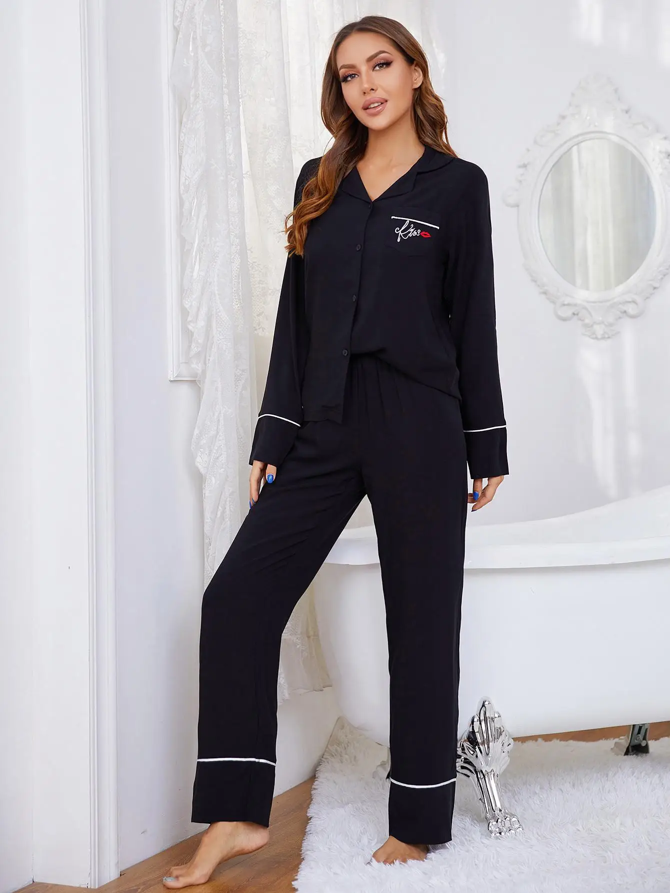 Autumn Letter Print Pajamas Set Women\'s Long Sleeves Solid Black Sleepwear Soft Button Down Loungewear Pjs Set Nightwear S-XL